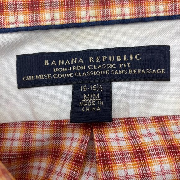 Banana Republic Shirt Men Medium Orange Checkered Button Up Non-Iron Classic Fit - Picture 3 of 7